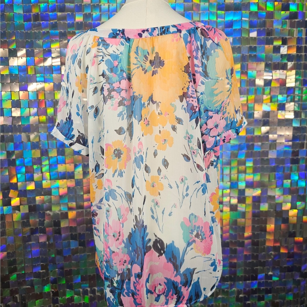 Women's Sheer Floral V-Neck Short Sleeve Tunic Top‎ Blouse - Picture 6 of 9